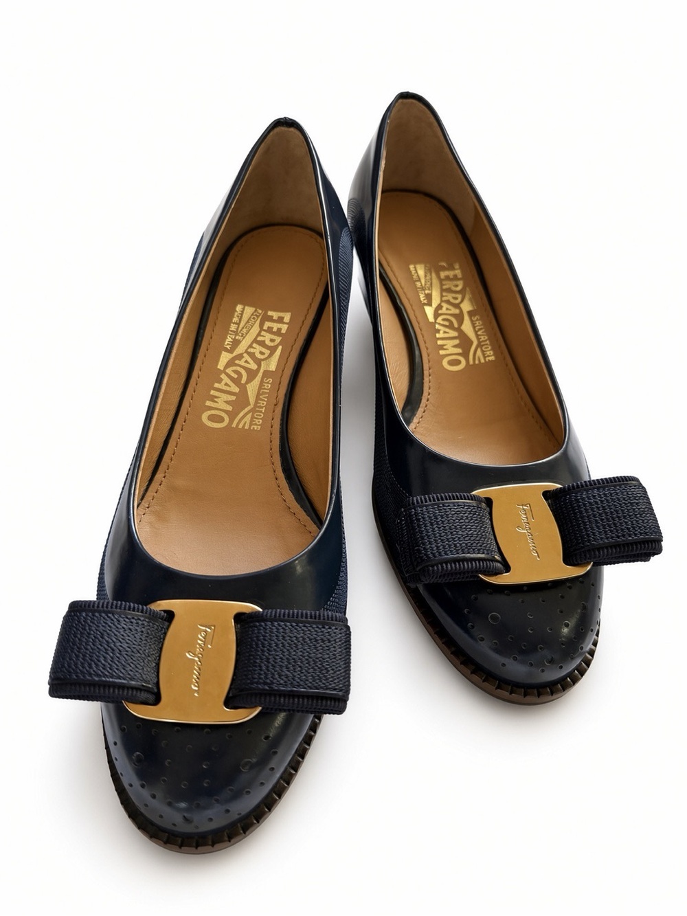 Salvatore Ferragamo Navy Leather Vara Bow Flats with Gold Hardware